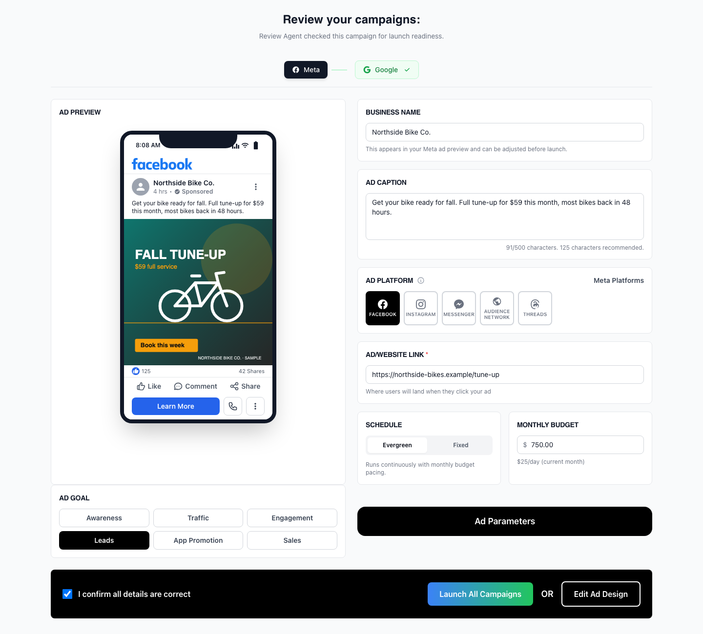 Final approval step where the user reviews targeting and creative before anything goes live