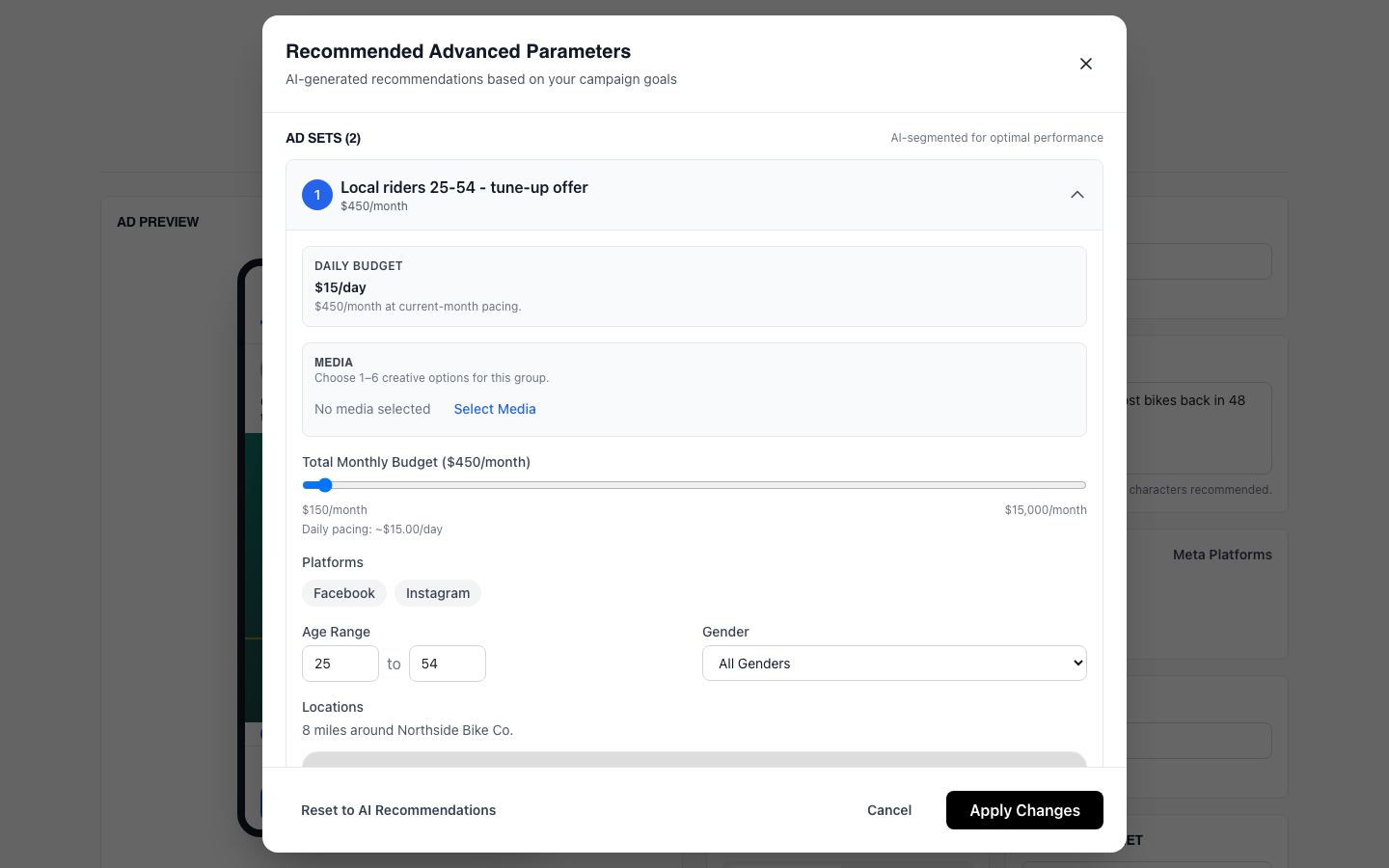 Campaign review screen showing recommended audiences and budgets for Meta and Google before launch